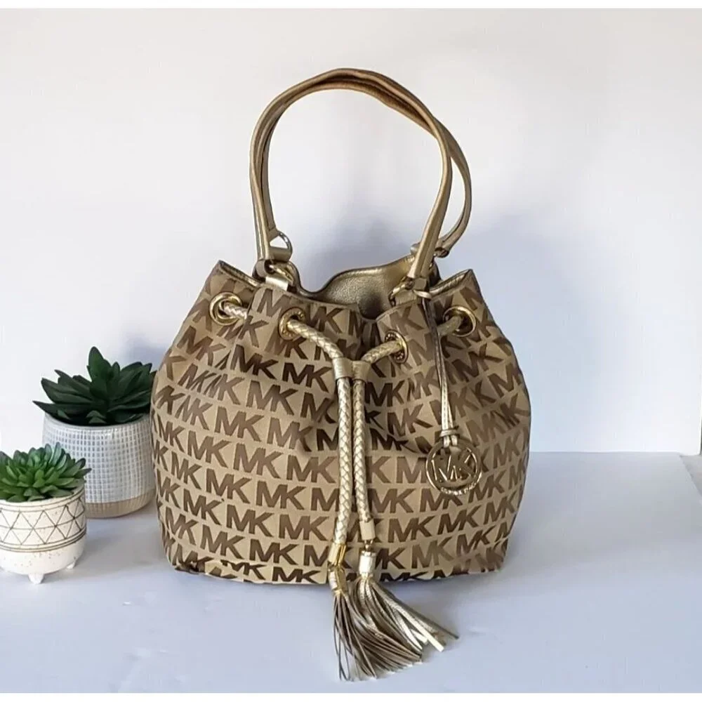 Michael Kors Jet Set Large Signature Gathered Hobo Satchel Tote Gold and Brown
